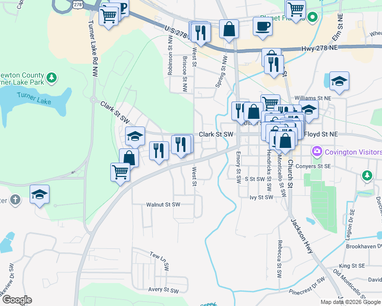 map of restaurants, bars, coffee shops, grocery stores, and more near 3186 Washington Street Southwest in Covington