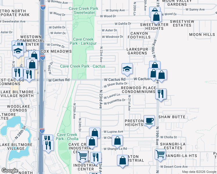 map of restaurants, bars, coffee shops, grocery stores, and more near 2221 W Shaw Butte Dr in Phoenix