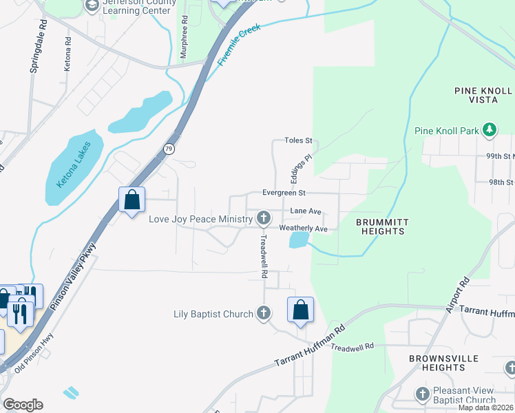 map of restaurants, bars, coffee shops, grocery stores, and more near 2130 Lane Avenue in Birmingham