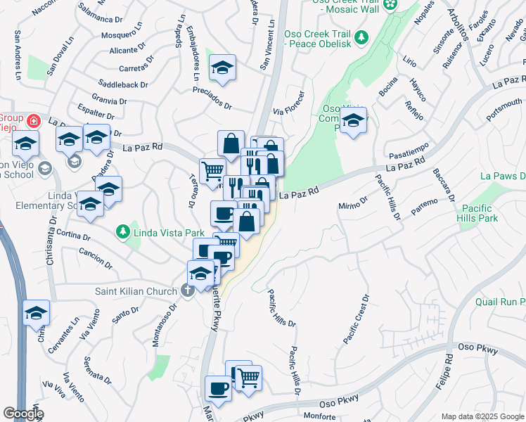 map of restaurants, bars, coffee shops, grocery stores, and more near 25270 Marguerite Parkway in Mission Viejo