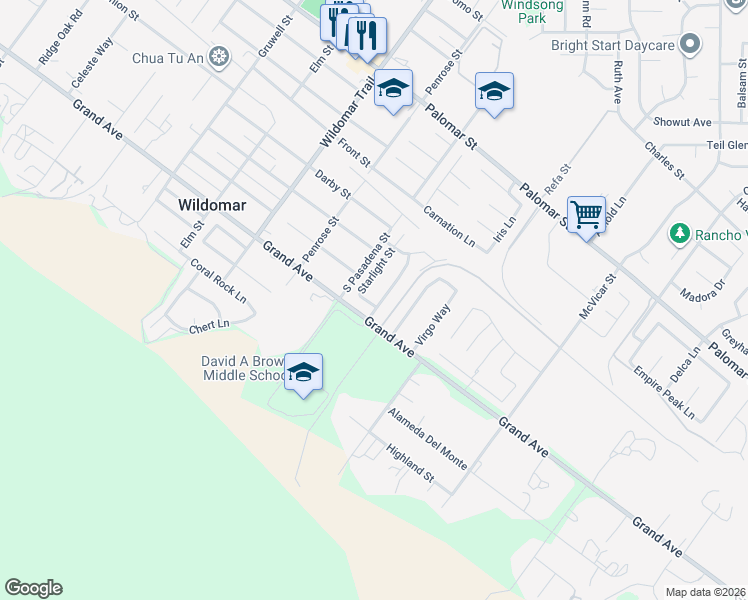 map of restaurants, bars, coffee shops, grocery stores, and more near 32951 Willow Bay Rd in Wildomar