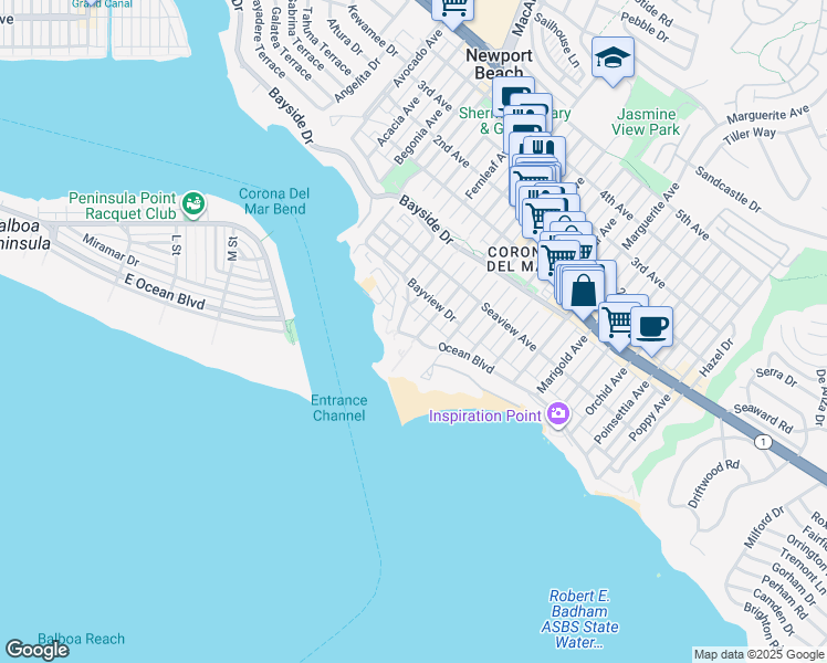 map of restaurants, bars, coffee shops, grocery stores, and more near 2824 Ocean Boulevard in Newport Beach