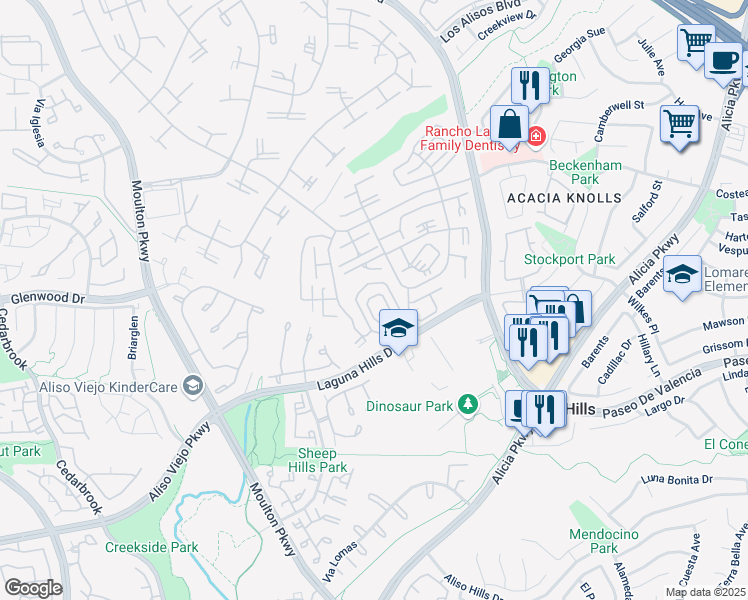 map of restaurants, bars, coffee shops, grocery stores, and more near 865 Ronda Mendoza in Laguna Woods