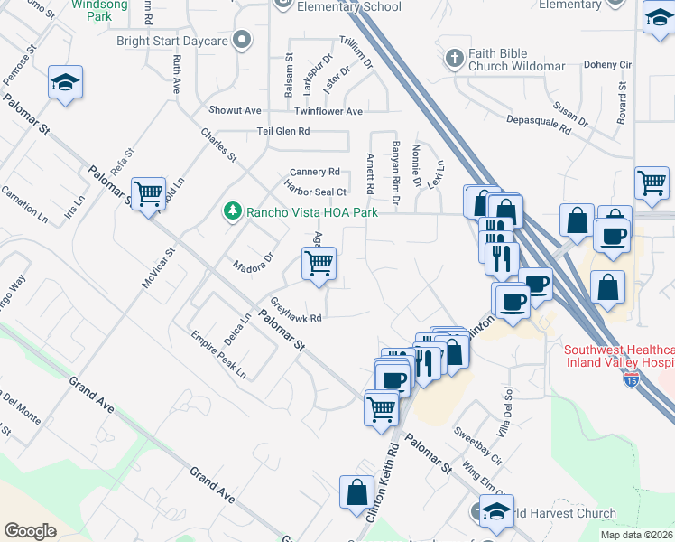 map of restaurants, bars, coffee shops, grocery stores, and more near 36137 Walking Horse Court in Wildomar