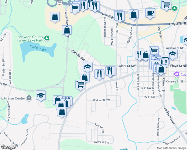 map of restaurants, bars, coffee shops, grocery stores, and more near 4149 Raphael Street in Covington