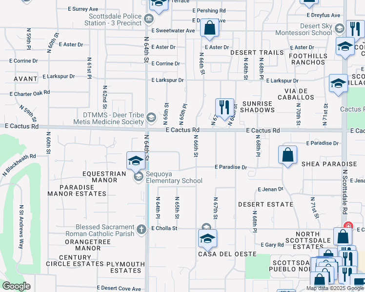 map of restaurants, bars, coffee shops, grocery stores, and more near 6506 East Sunnyside Drive in Scottsdale