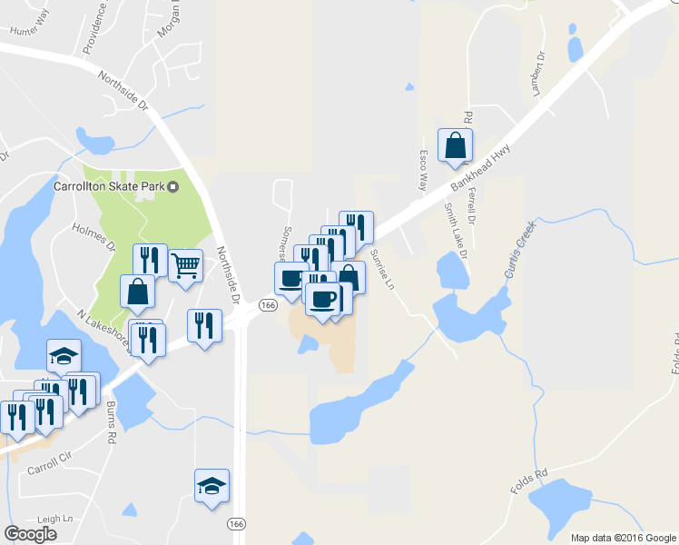 map of restaurants, bars, coffee shops, grocery stores, and more near 1195 Bankhead Highway in Carrollton