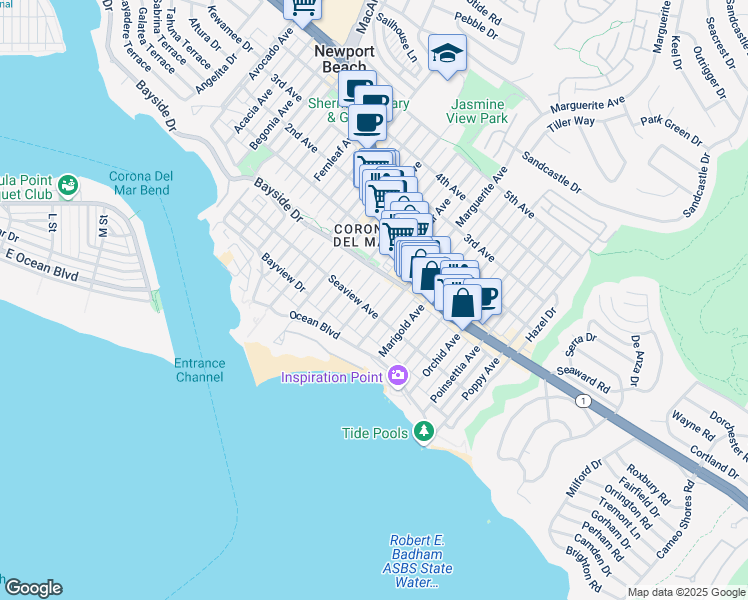map of restaurants, bars, coffee shops, grocery stores, and more near 300 Larkspur Avenue in Newport Beach