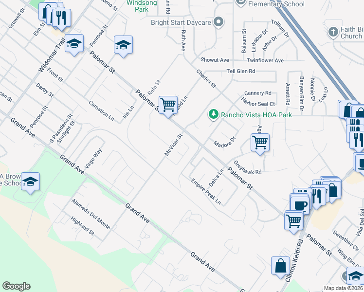 map of restaurants, bars, coffee shops, grocery stores, and more near 22677 Riverstone Circle in Wildomar