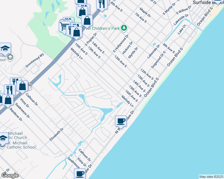 map of restaurants, bars, coffee shops, grocery stores, and more near 255 Melody Lane in Surfside Beach