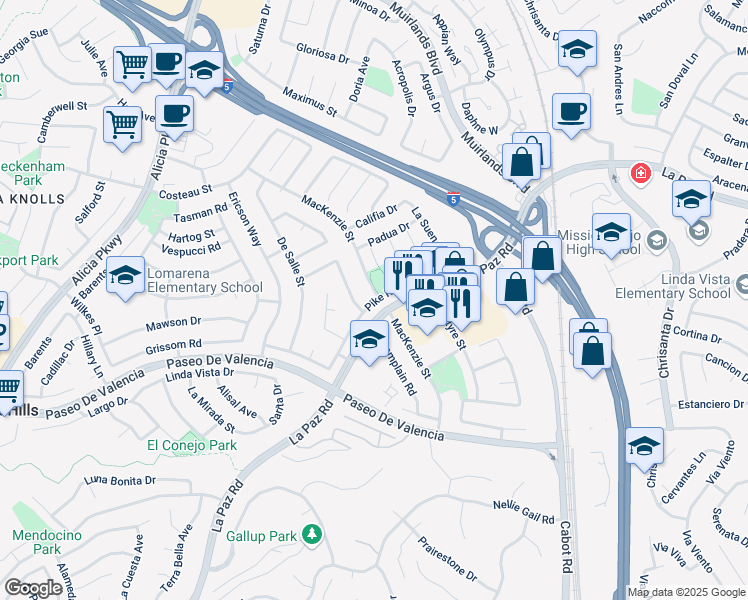 map of restaurants, bars, coffee shops, grocery stores, and more near 25267 Pike Road in Laguna Hills