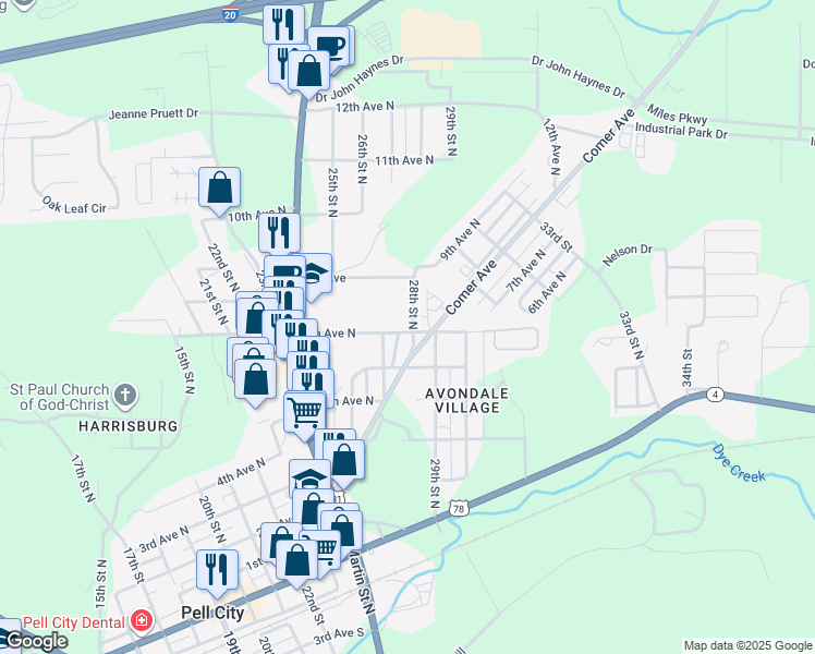 map of restaurants, bars, coffee shops, grocery stores, and more near 701 28th Street North in Pell City