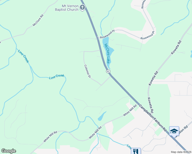 map of restaurants, bars, coffee shops, grocery stores, and more near 5860 Colonist Drive in Fairburn
