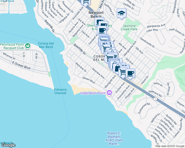 map of restaurants, bars, coffee shops, grocery stores, and more near 219 Jasmine Avenue in Newport Beach