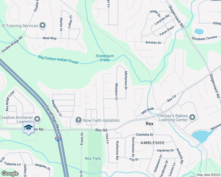 map of restaurants, bars, coffee shops, grocery stores, and more near 3544 Meadow Ridge Court in Rex