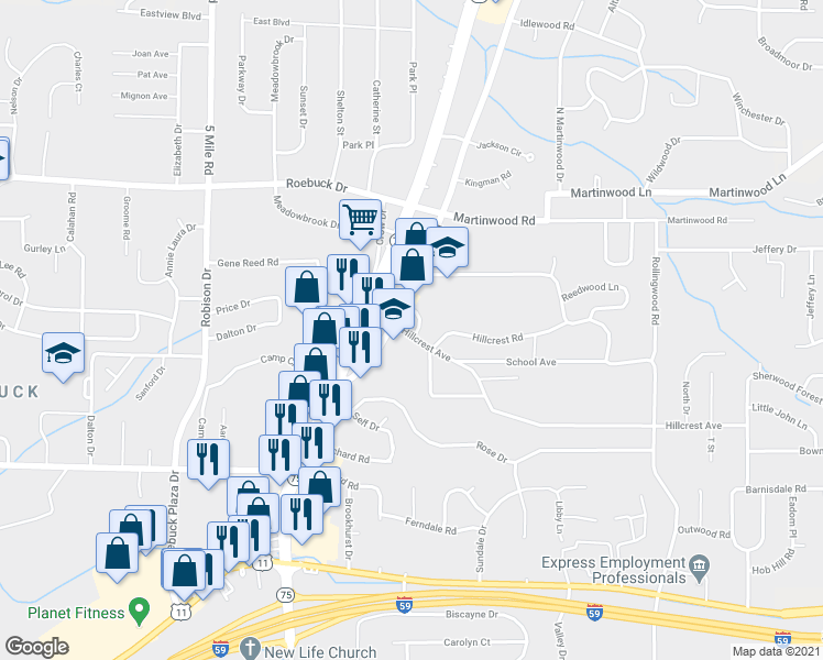map of restaurants, bars, coffee shops, grocery stores, and more near 719 Jeannine Court in Birmingham