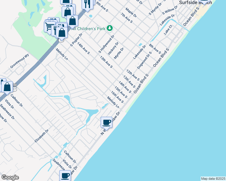 map of restaurants, bars, coffee shops, grocery stores, and more near 221 16th Avenue South in Surfside Beach