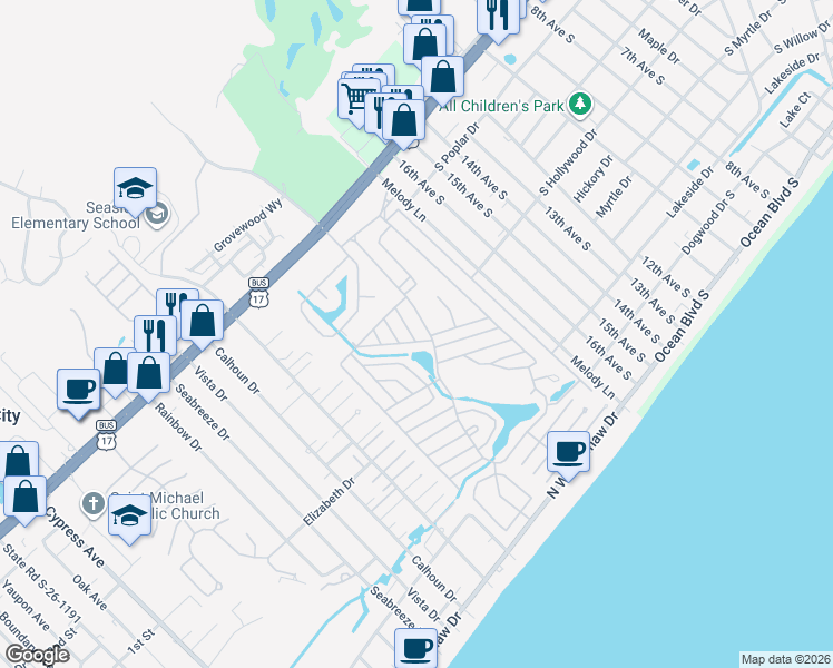 map of restaurants, bars, coffee shops, grocery stores, and more near 406 Hazelwood Drive in Surfside Beach