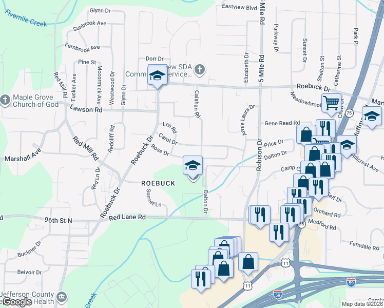 map of restaurants, bars, coffee shops, grocery stores, and more near 164 Rose Drive in Birmingham