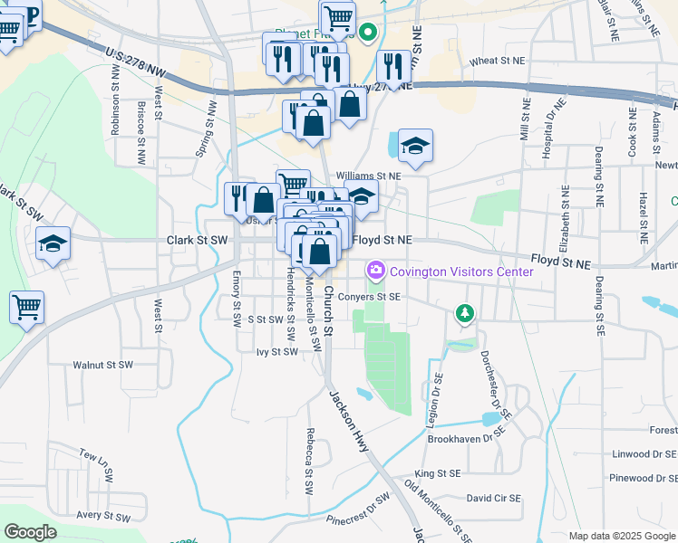 map of restaurants, bars, coffee shops, grocery stores, and more near 1139 Church Street in Covington