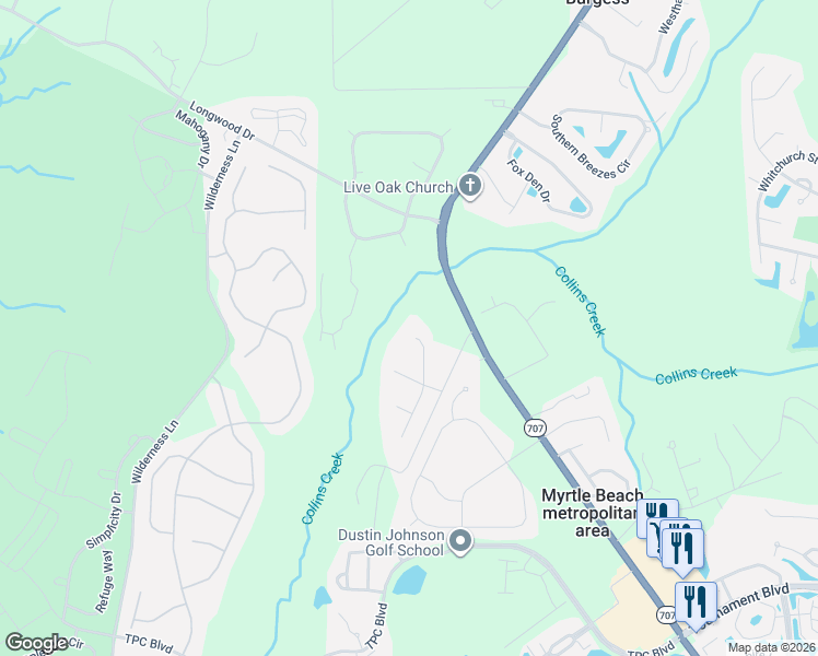 map of restaurants, bars, coffee shops, grocery stores, and more near 256 Long Ridge Drive in Murrells Inlet