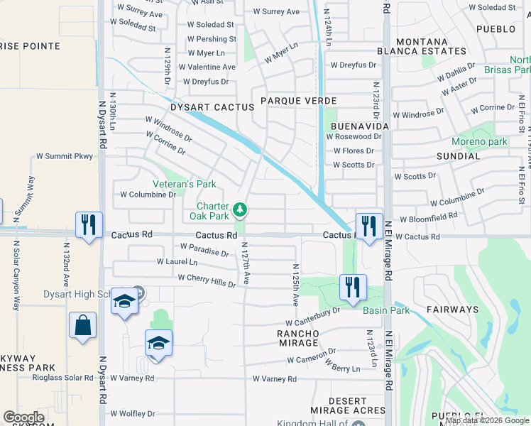 map of restaurants, bars, coffee shops, grocery stores, and more near 12629 West Bloomfield Road in El Mirage