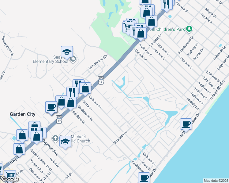 map of restaurants, bars, coffee shops, grocery stores, and more near 180 Georges Bay Road in Myrtle Beach