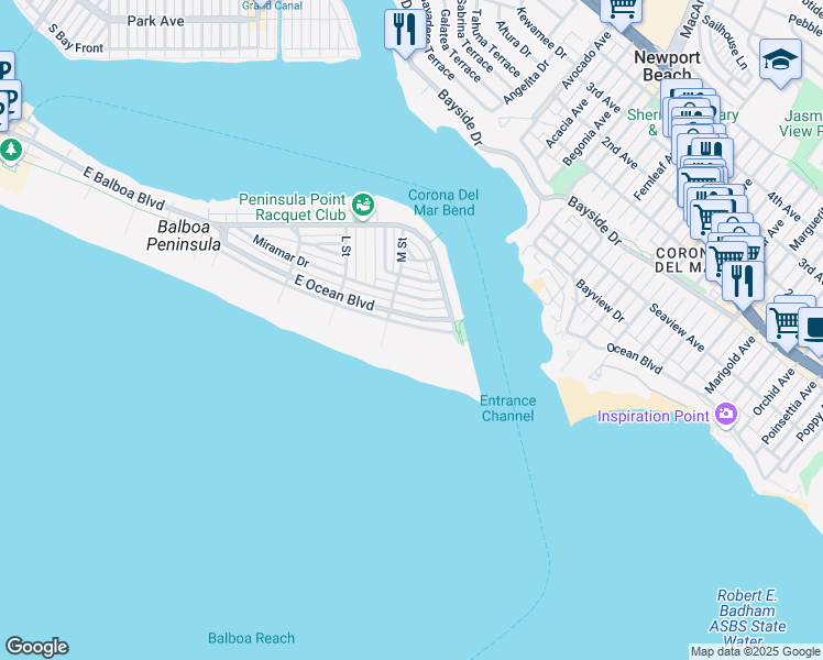 map of restaurants, bars, coffee shops, grocery stores, and more near 2124 East Oceanfront in Newport Beach