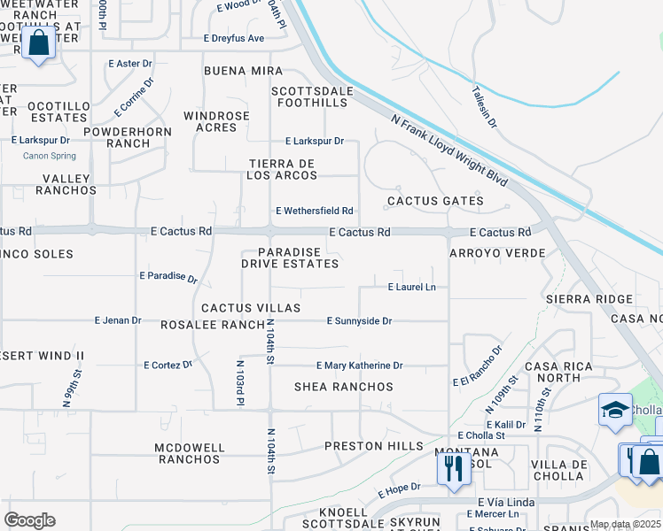 map of restaurants, bars, coffee shops, grocery stores, and more near 10525 East Cactus Road in Scottsdale