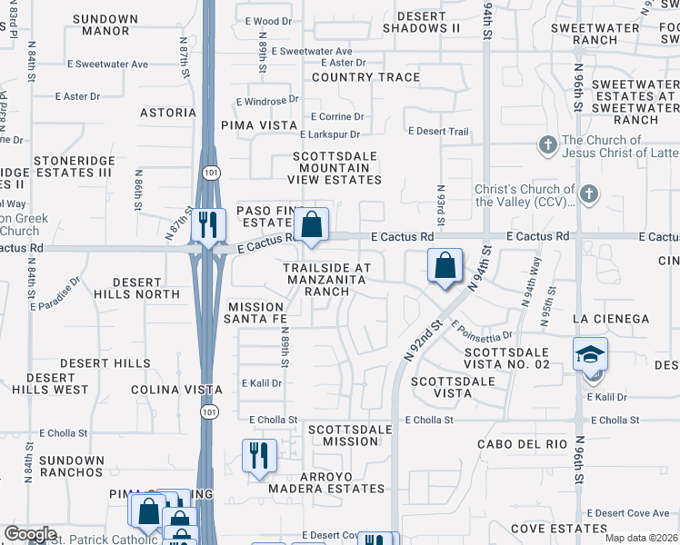 map of restaurants, bars, coffee shops, grocery stores, and more near 9085 East Poinsettia Drive in Scottsdale