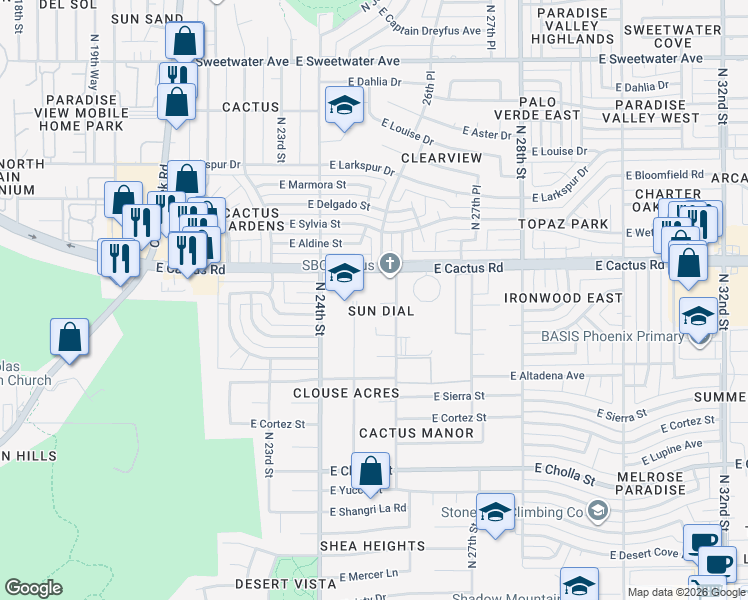 map of restaurants, bars, coffee shops, grocery stores, and more near 2530 East Shaw Butte Drive in Phoenix