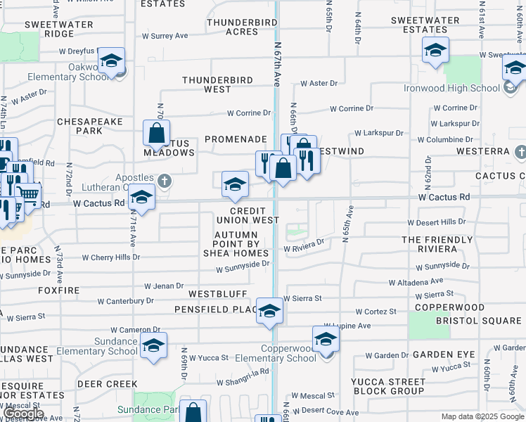 map of restaurants, bars, coffee shops, grocery stores, and more near in Peoria