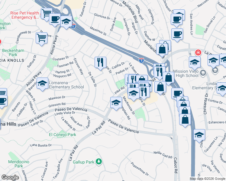 map of restaurants, bars, coffee shops, grocery stores, and more near 25267 Pike Road in Laguna Hills