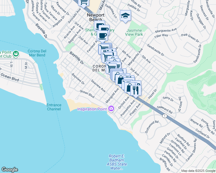 map of restaurants, bars, coffee shops, grocery stores, and more near 318 Marguerite Avenue in Newport Beach
