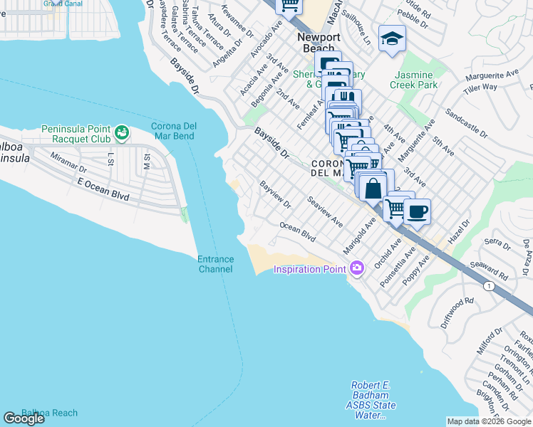 map of restaurants, bars, coffee shops, grocery stores, and more near 2812 Ocean Boulevard in Newport Beach