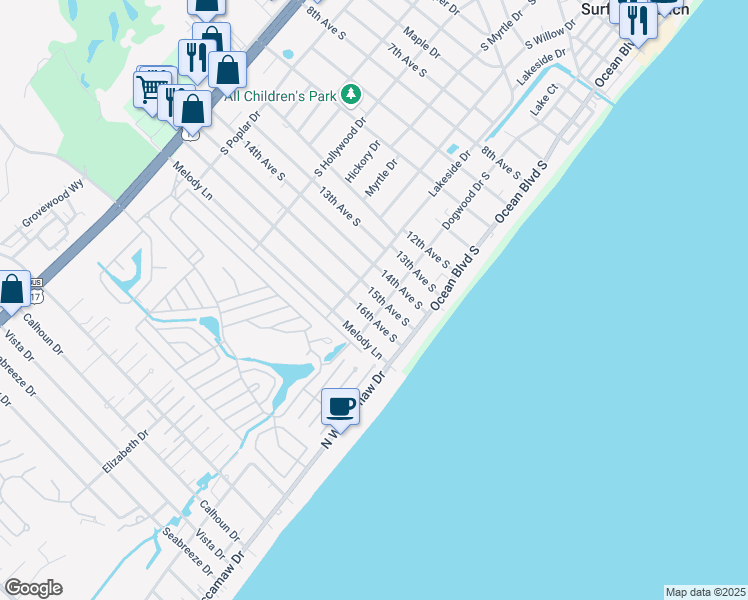 map of restaurants, bars, coffee shops, grocery stores, and more near 211 15th Avenue South in Surfside Beach