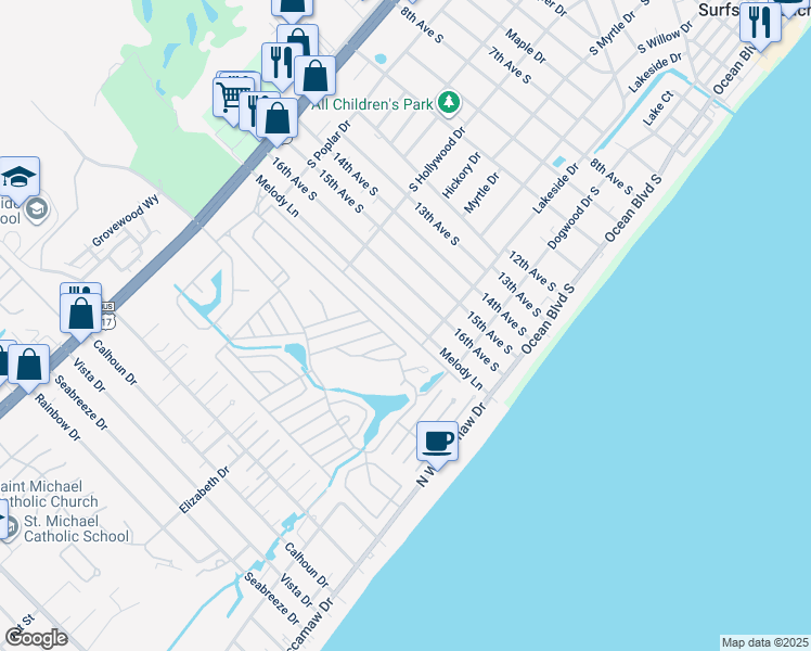 map of restaurants, bars, coffee shops, grocery stores, and more near 255 Melody Lane in Surfside Beach
