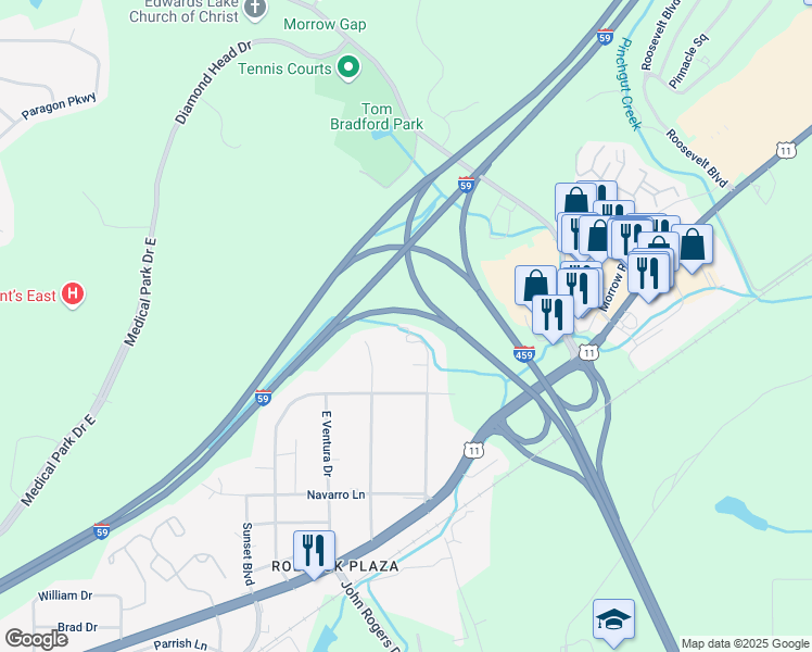 map of restaurants, bars, coffee shops, grocery stores, and more near 535 East Forest Drive in Birmingham