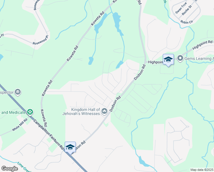 map of restaurants, bars, coffee shops, grocery stores, and more near 444 Lake Ridge Lane in Fairburn
