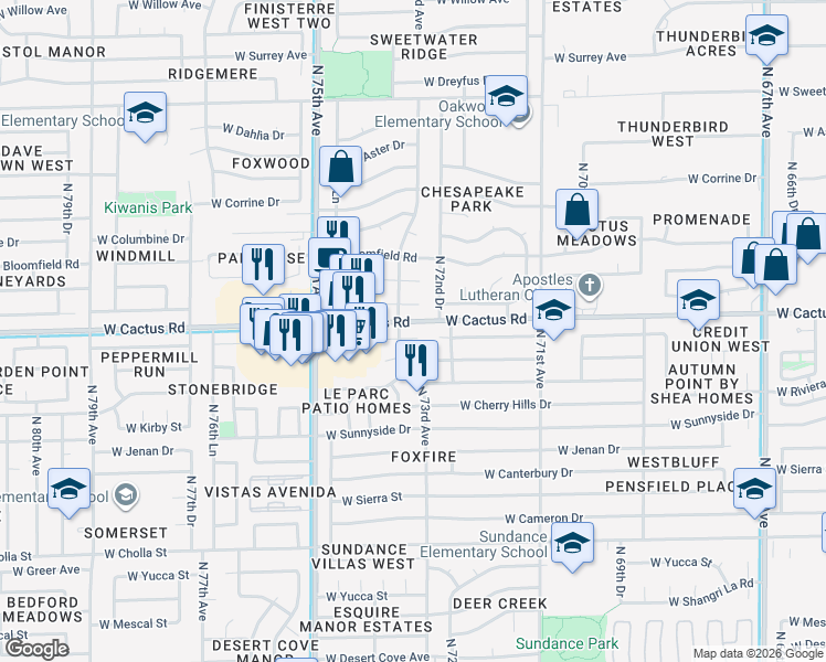 map of restaurants, bars, coffee shops, grocery stores, and more near 7290 West Shaw Butte Drive in Peoria