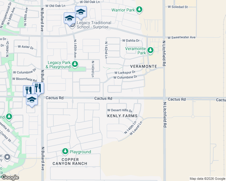 map of restaurants, bars, coffee shops, grocery stores, and more near 14238 West Wethersfield Road in Surprise