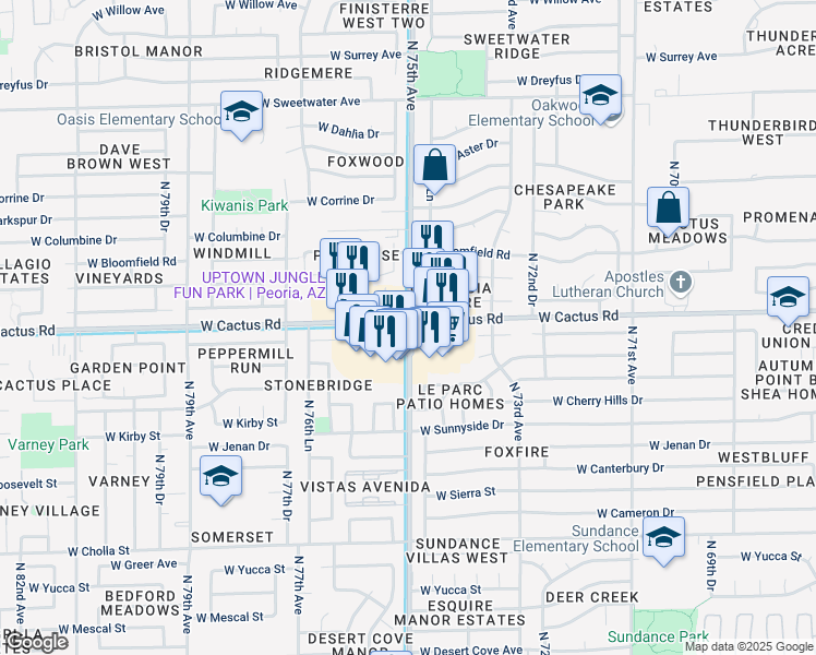 map of restaurants, bars, coffee shops, grocery stores, and more near 7509 West Cactus Road in Peoria