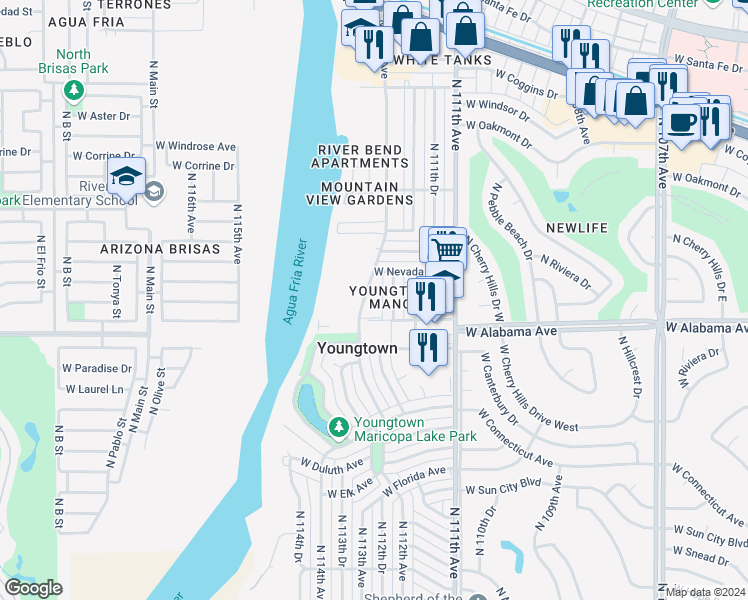 map of restaurants, bars, coffee shops, grocery stores, and more near 12207 North 113th Avenue in Youngtown