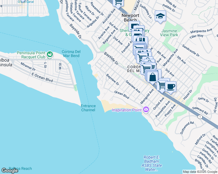 map of restaurants, bars, coffee shops, grocery stores, and more near 2812 Ocean Boulevard in Newport Beach