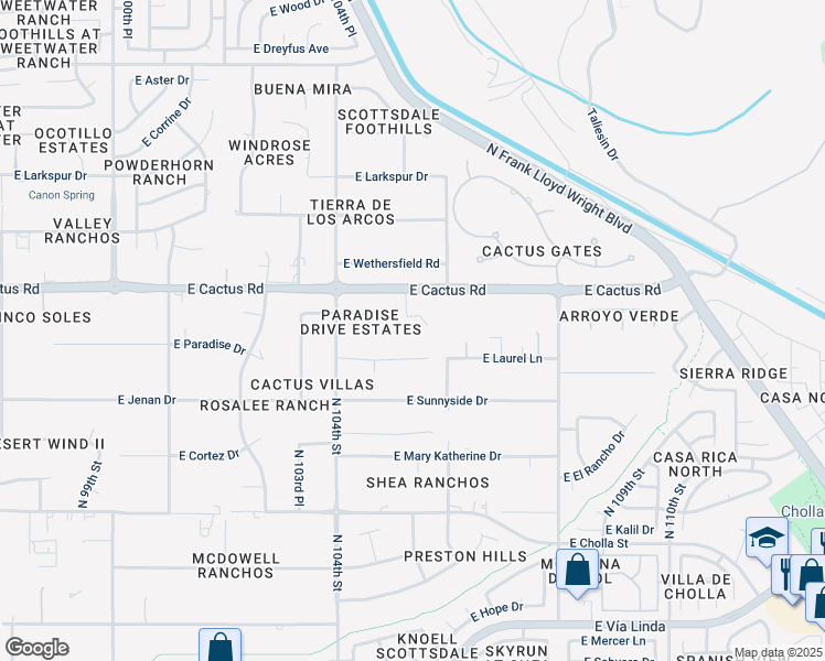 map of restaurants, bars, coffee shops, grocery stores, and more near 10525 East Cactus Road in Scottsdale
