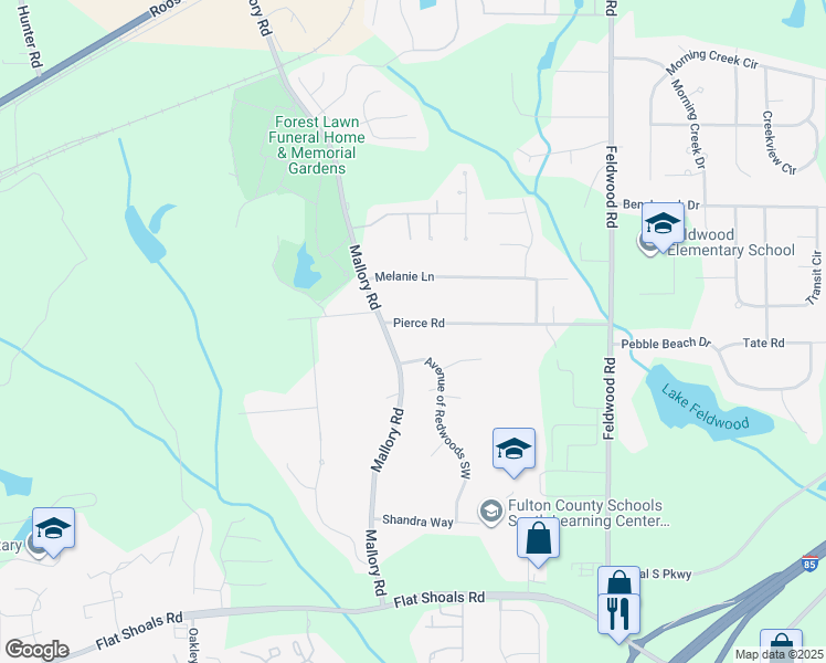 map of restaurants, bars, coffee shops, grocery stores, and more near 4140 Pierce Road in College Park