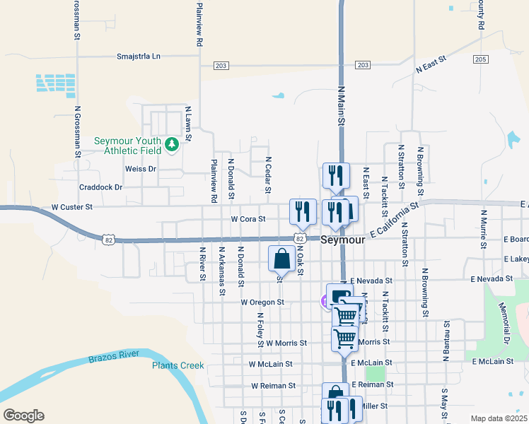 map of restaurants, bars, coffee shops, grocery stores, and more near 801 North Foley Street in Seymour