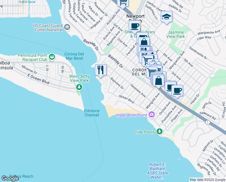 map of restaurants, bars, coffee shops, grocery stores, and more near 2824 Ocean Boulevard in Newport Beach