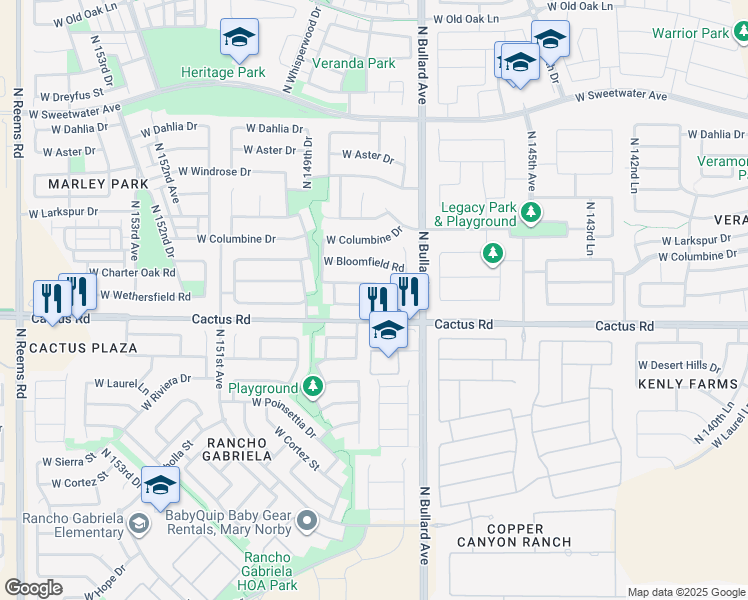 map of restaurants, bars, coffee shops, grocery stores, and more near 12312 North 147th Lane in Surprise