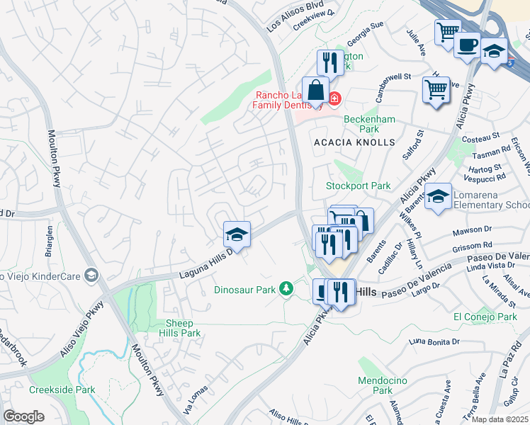 map of restaurants, bars, coffee shops, grocery stores, and more near 809 Ronda Mendoza in Laguna Woods